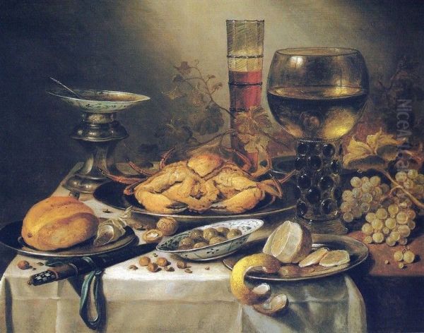 Still life with a crab, grapes, olives, and a peeled lemon Oil Painting by Pieter Claesz