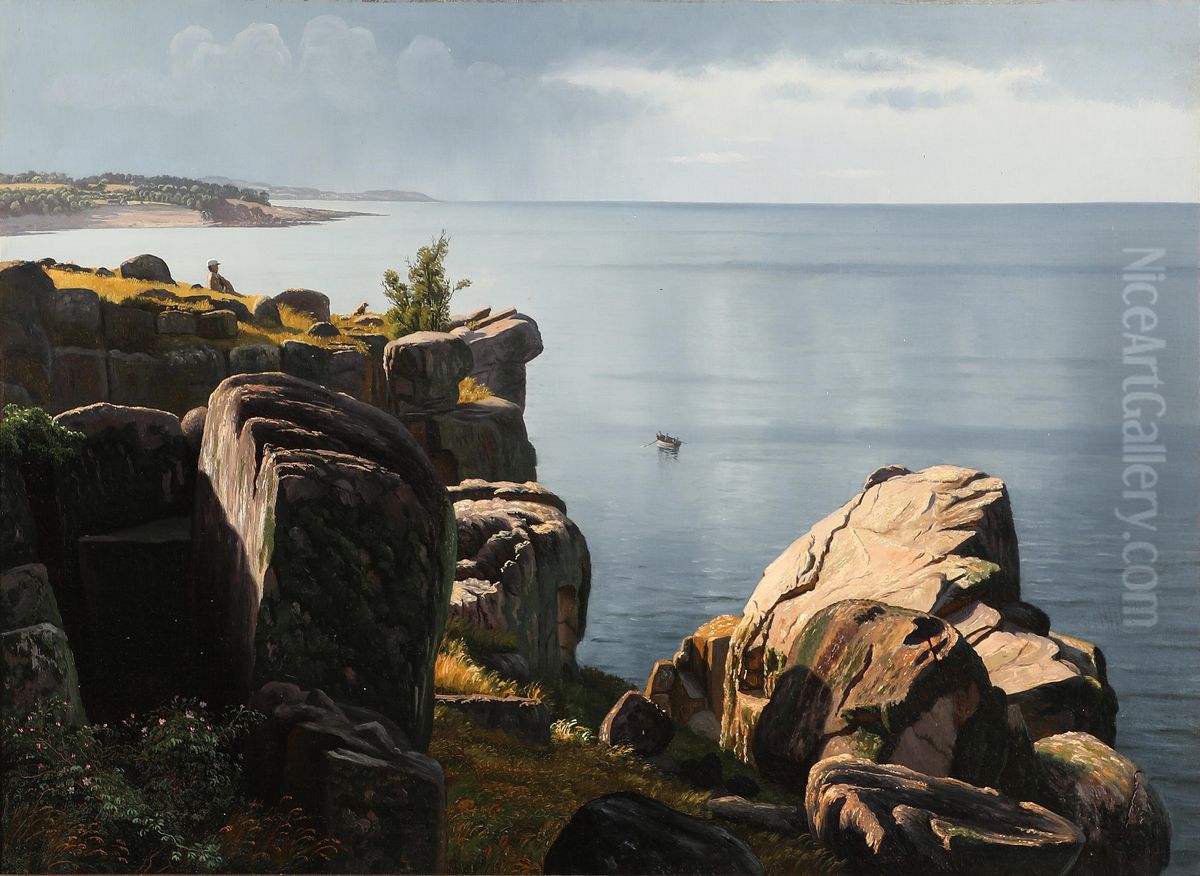 View from the cliffs of Bornholm over the sea / View from the rocks at Bornholm Oil Painting by Johannes Herman Brandt