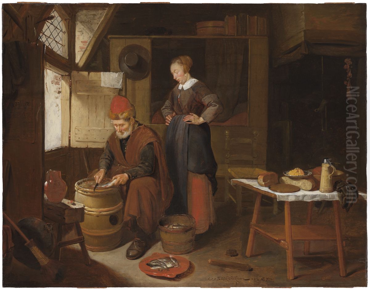 Fisherman and His Wife in an Interior Oil Painting by Quirijn van Brekelenkam