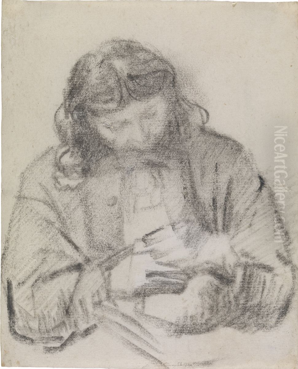 Seated Man, Half-Length, at Work Oil Painting by Rembrandt