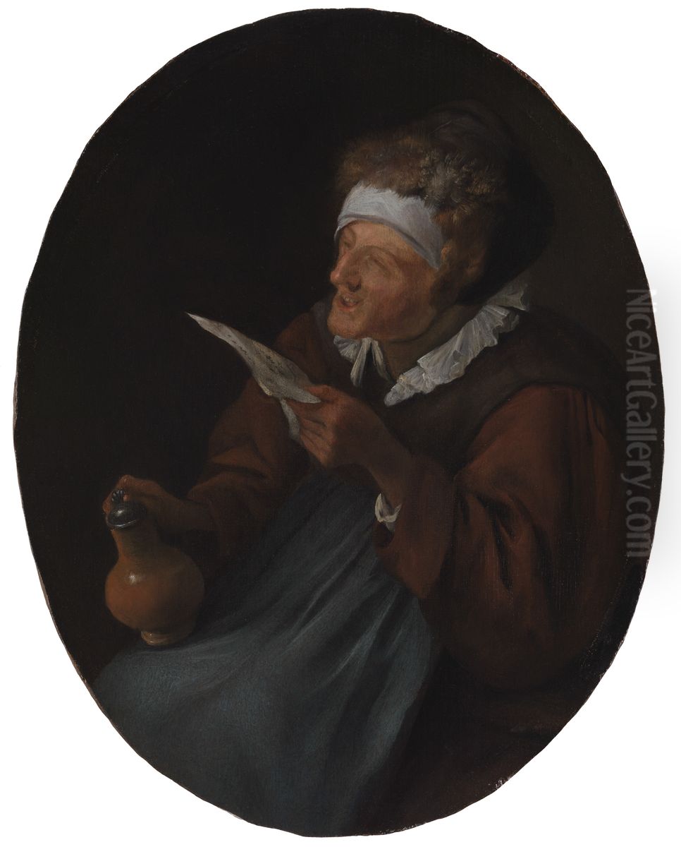 Old Woman with a Fur Cap Holding a Jug and Singing Oil Painting by Jan Steen
