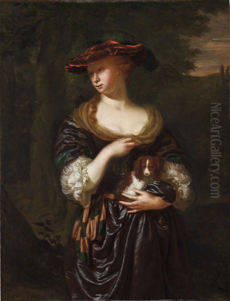 Woman Holding a Dog in a Landscape Oil Painting by Jan Van Mieris