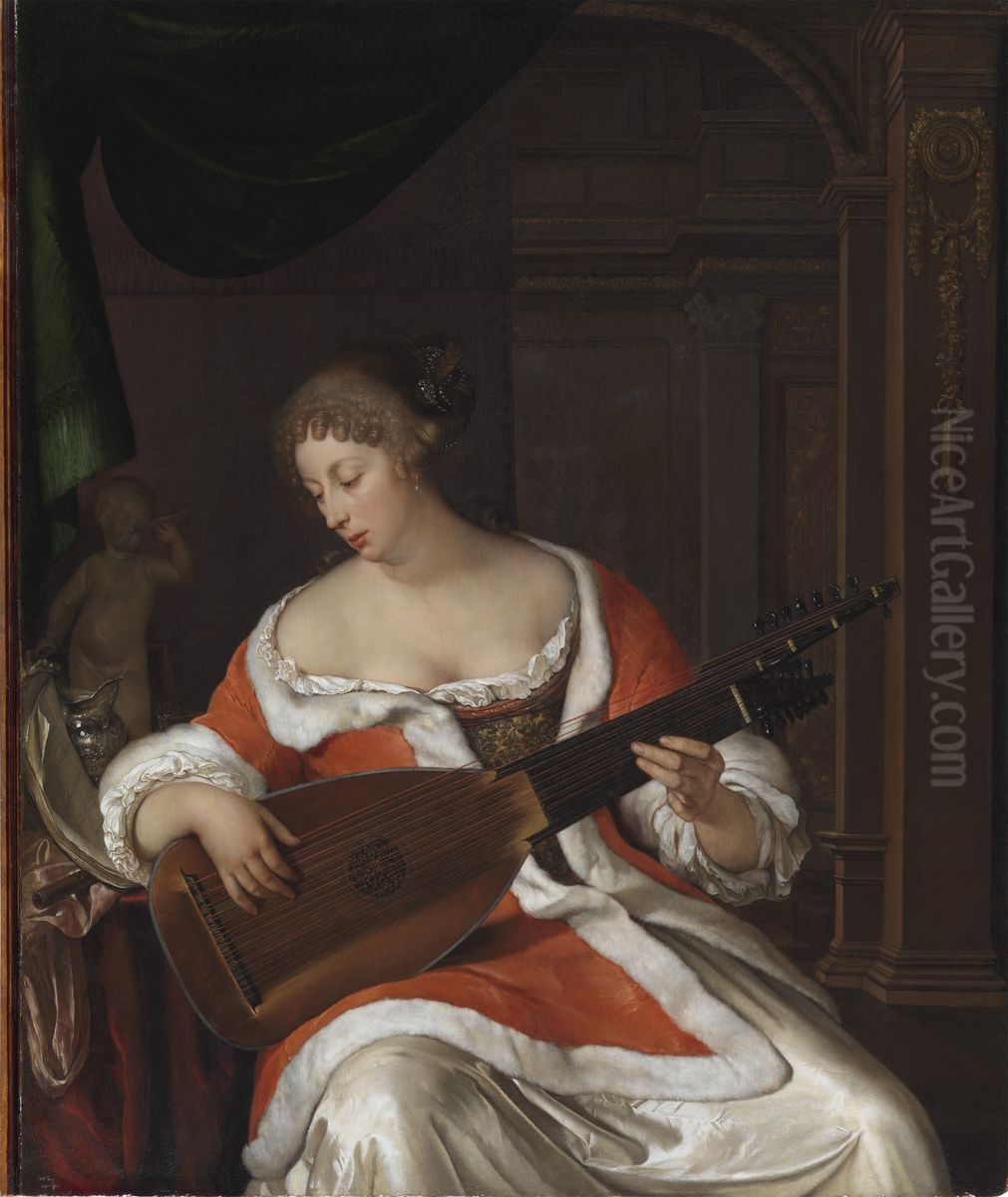 Lady Playing a Lute in an Interior Oil Painting by Eglon van der Neer