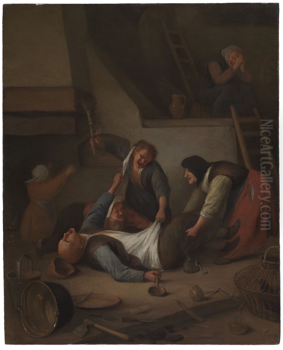 Interior with Women Thrashing a Man (