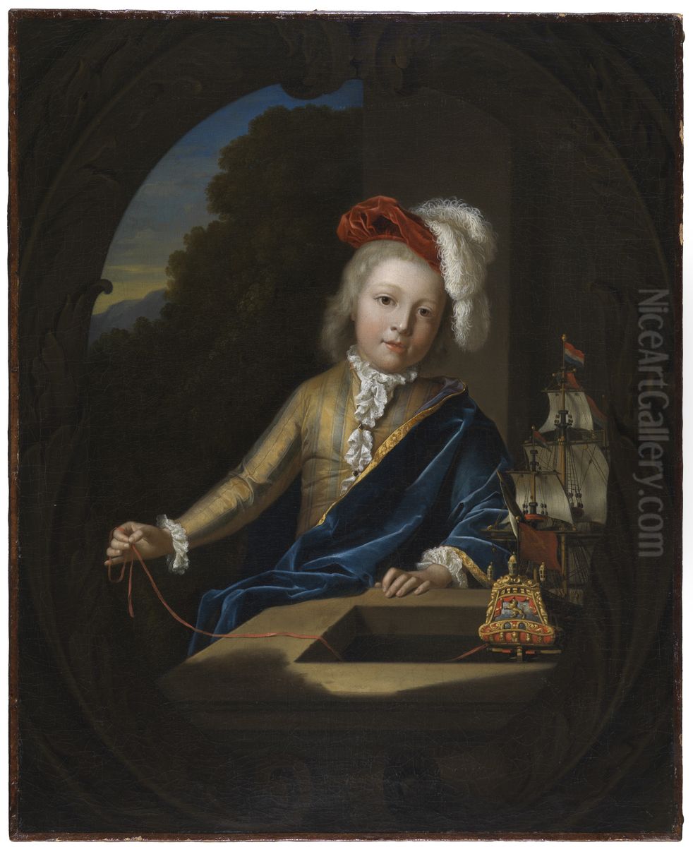 Portrait of a Boy with a Miniature Three-Master Oil Painting by Pieter van der Werff