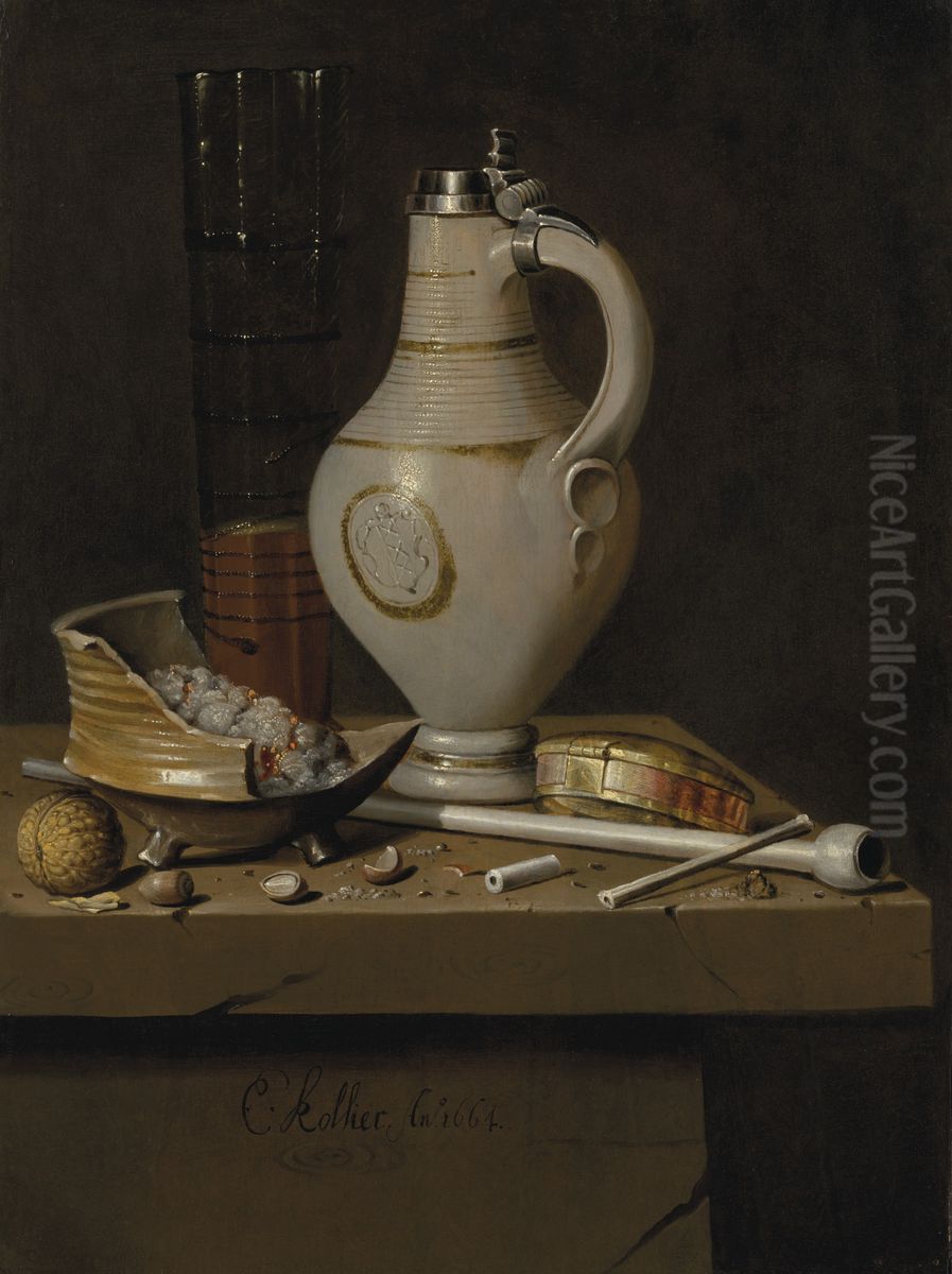 A toebakje still life of smoking utensils, a jug and a tall glass partly filled with beer Oil Painting by Evert Collier