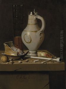 A toebakje still life of smoking utensils, a jug and a tall glass partly filled with beer