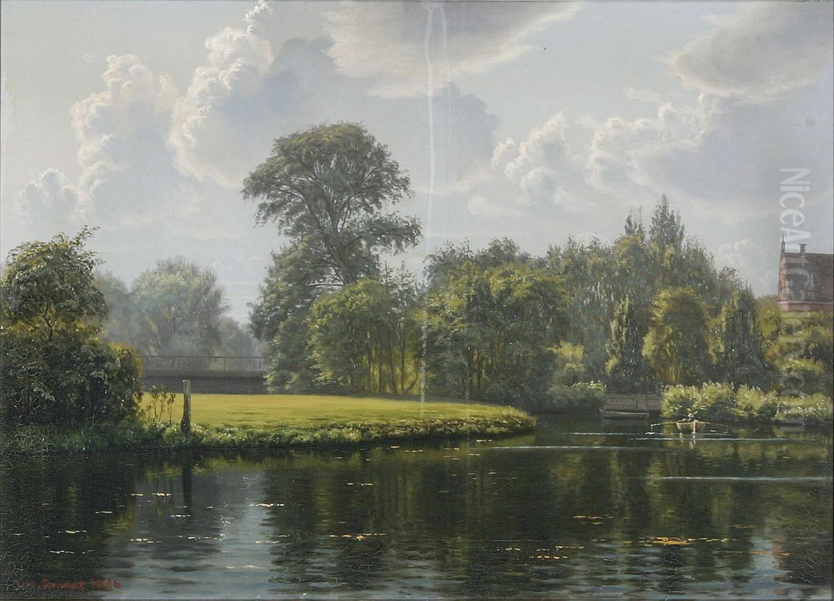 The botanical gardens of Odense. A rowing boat is seen on Odense A. Oil Painting by Johannes Herman Brandt