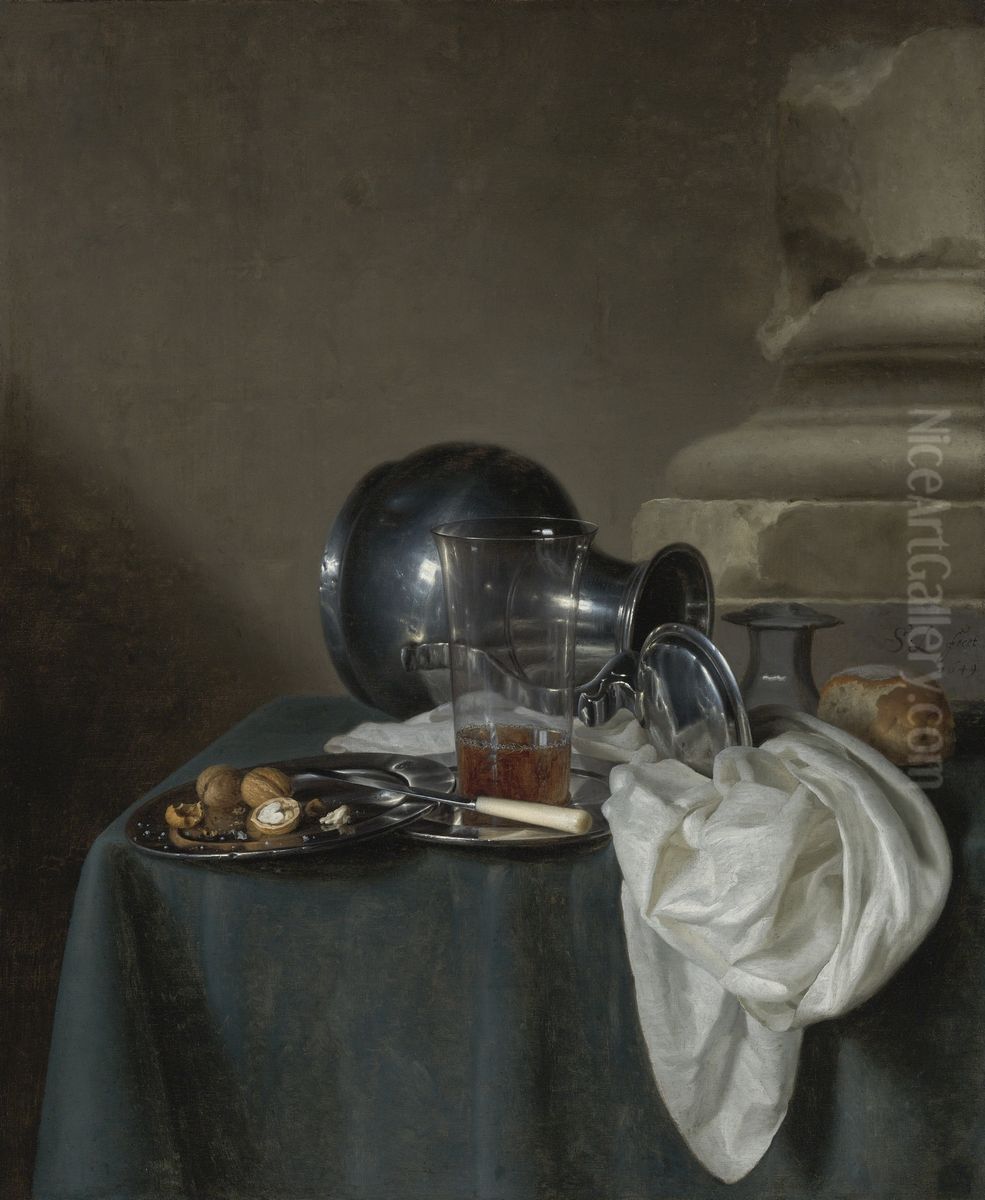 Still Life with a pewter jug on its side, a glass of ale, a salt cellar, a bread roll and other objects on a table Oil Painting by Simon Luttichuys