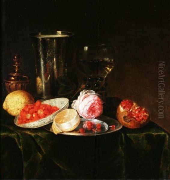 Stilleven met fruit, glas, porselein bord en roos Oil Painting by Simon Luttichuys Stilleven met fruit, glas, porselein bord en roos Oil Painting by Simon Luttichuys