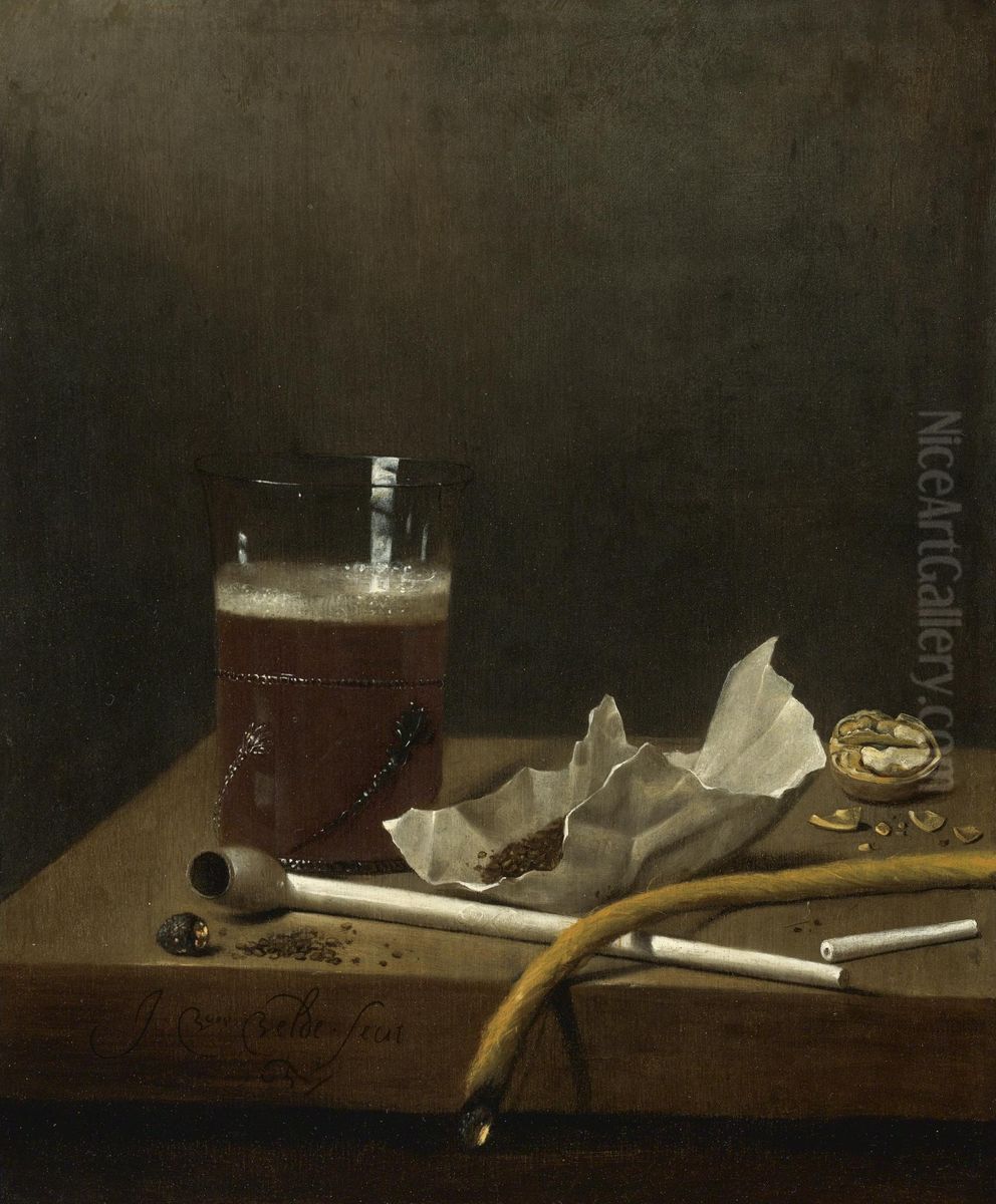 Still life with a glass of beer, a pipe, tobacco and other requisites of smoking Oil Painting by Jan Jansz van de Velde