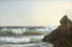 Ship in the surf off a rocky coast.