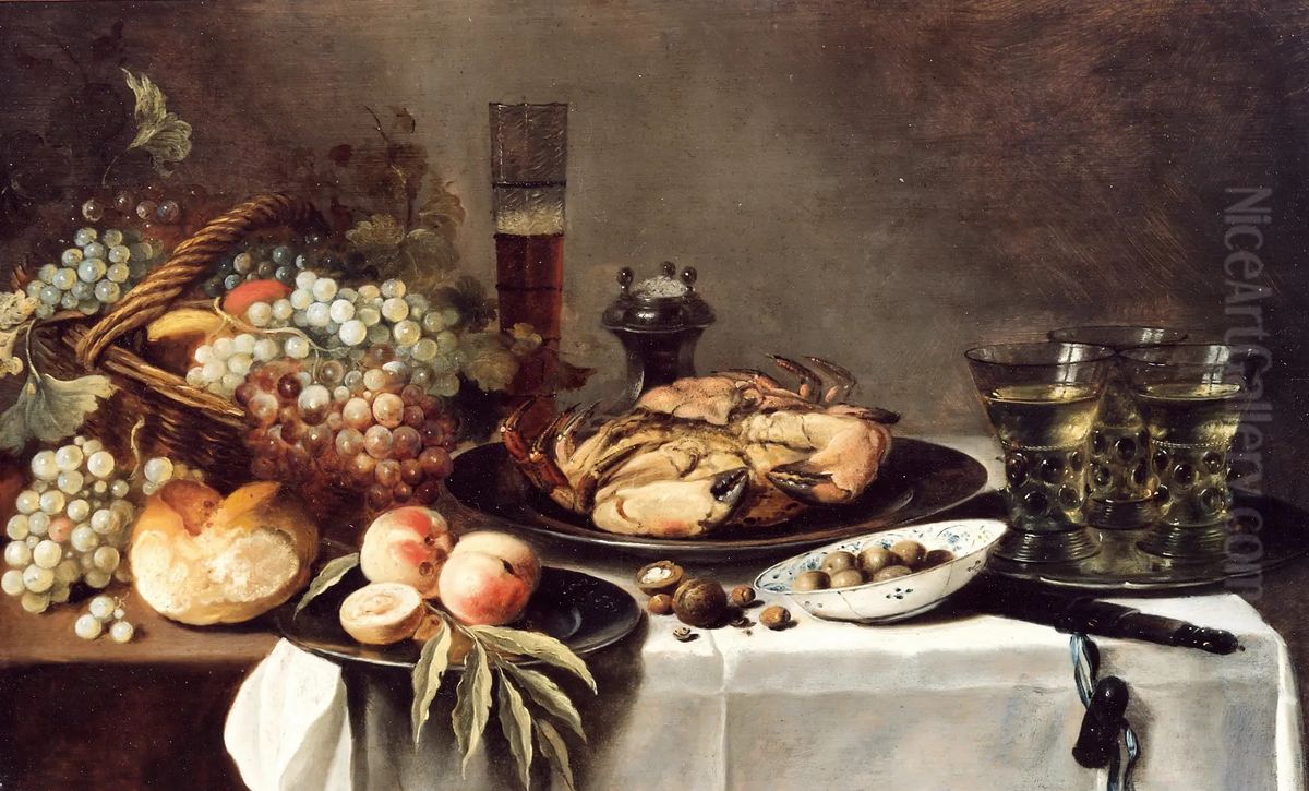 Still life with crab, fruit, salt cellar, berkemeyers, and a china bowl of olives Oil Painting by Pieter Claesz