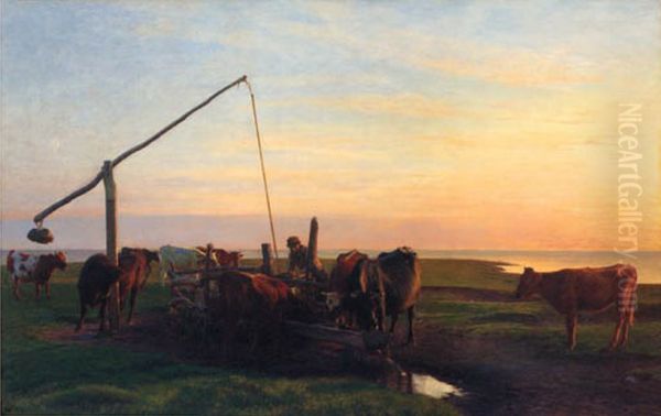 Cattle watering at sunrise. Oil Painting by Hans Ole Brasen