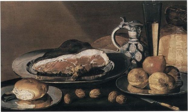 Still life with ham, stoneware jug, wine glass, cheese, nuts and fruit Oil Painting by Hans van Essen