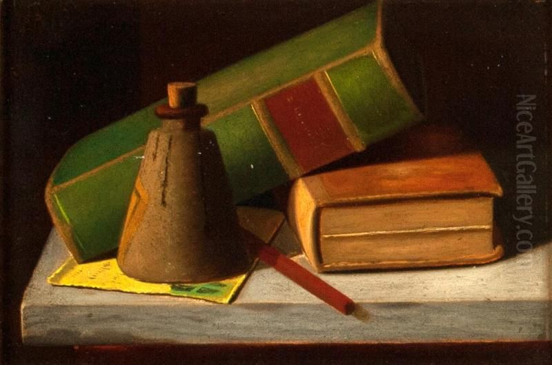 Books and Ink Bottle Oil Painting by John F. Peto