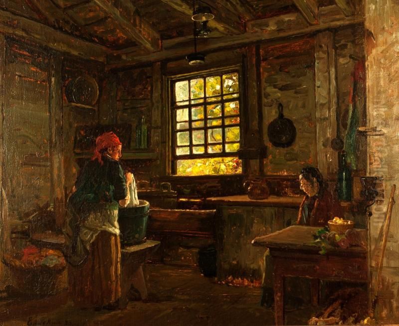 Old Colonial Wash Kitchen (Old Eliot House, Hyde Park, MA) Oil Painting by John Joseph Enneking
