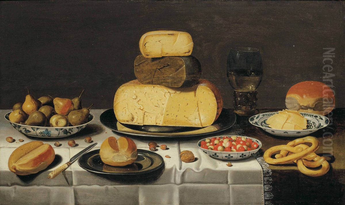 Laid table with cheese, bread, fruit and a roemer Oil Painting by Floris van Schooten