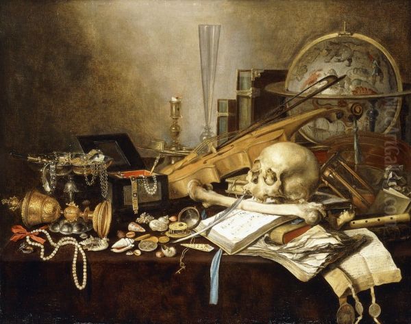 Still life with skull, globe, shells, jewelry box and other objects Oil Painting by Pieter Claesz