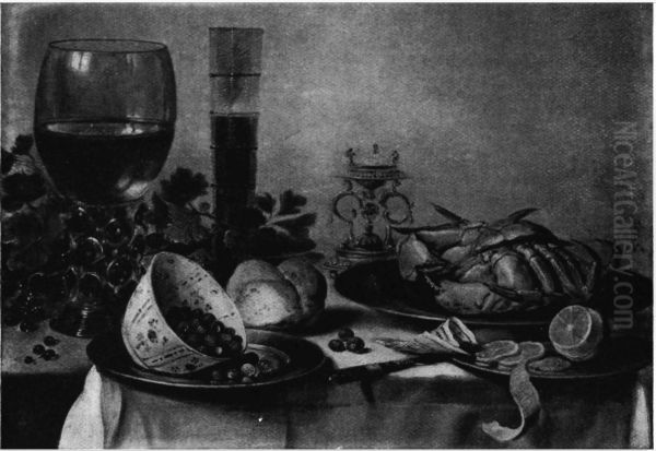 Stilleven met krab, roemer, zoutvat en porseleinen kommetje met aardbeitjes Oil Painting by Pieter Claesz