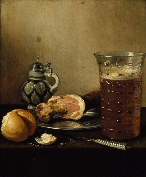 Stilleven met ham, brood, bier en mosterdpotje Oil Painting by Pieter Claesz