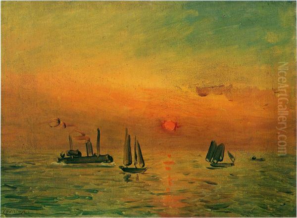 Sunrise in a Port Oil Painting by Fujishima Takeji