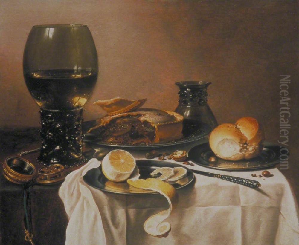 Stilleven met roemer, pastei, brood en geschilde citroen Oil Painting by Pieter Claesz