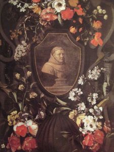 Garland of Flowers surrounding Portrait of Godfried van Melveren, Martyr of Gorkum