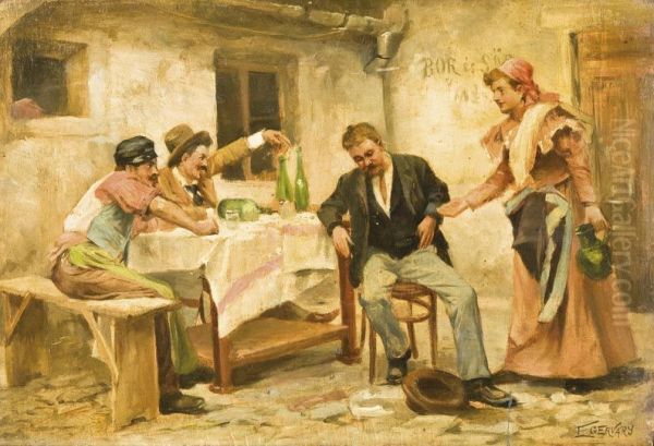 Company drinking Wine Oil Painting by Agost Egervary Potemkin