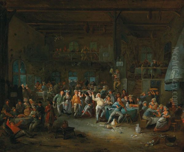 Tavern interior with merry making peasants Oil Painting by Egbert Van Heemskerck