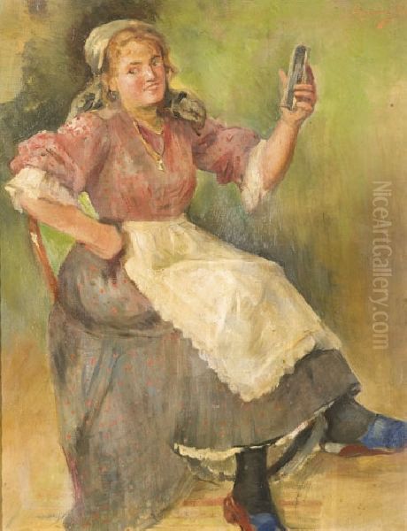 Girl with a Mirror Oil Painting by Agost Egervary Potemkin