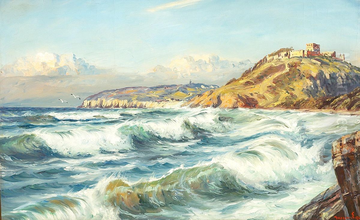 Coastal view from Bornholm with the castle Hammershus. Oil Painting by Mogens Ege