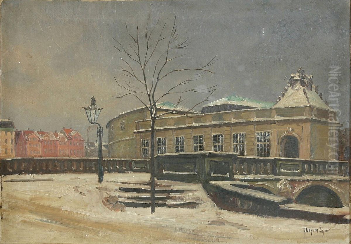 View of Slotsholmen with the stables of Christiansborg. Oil Painting by Mogens Ege