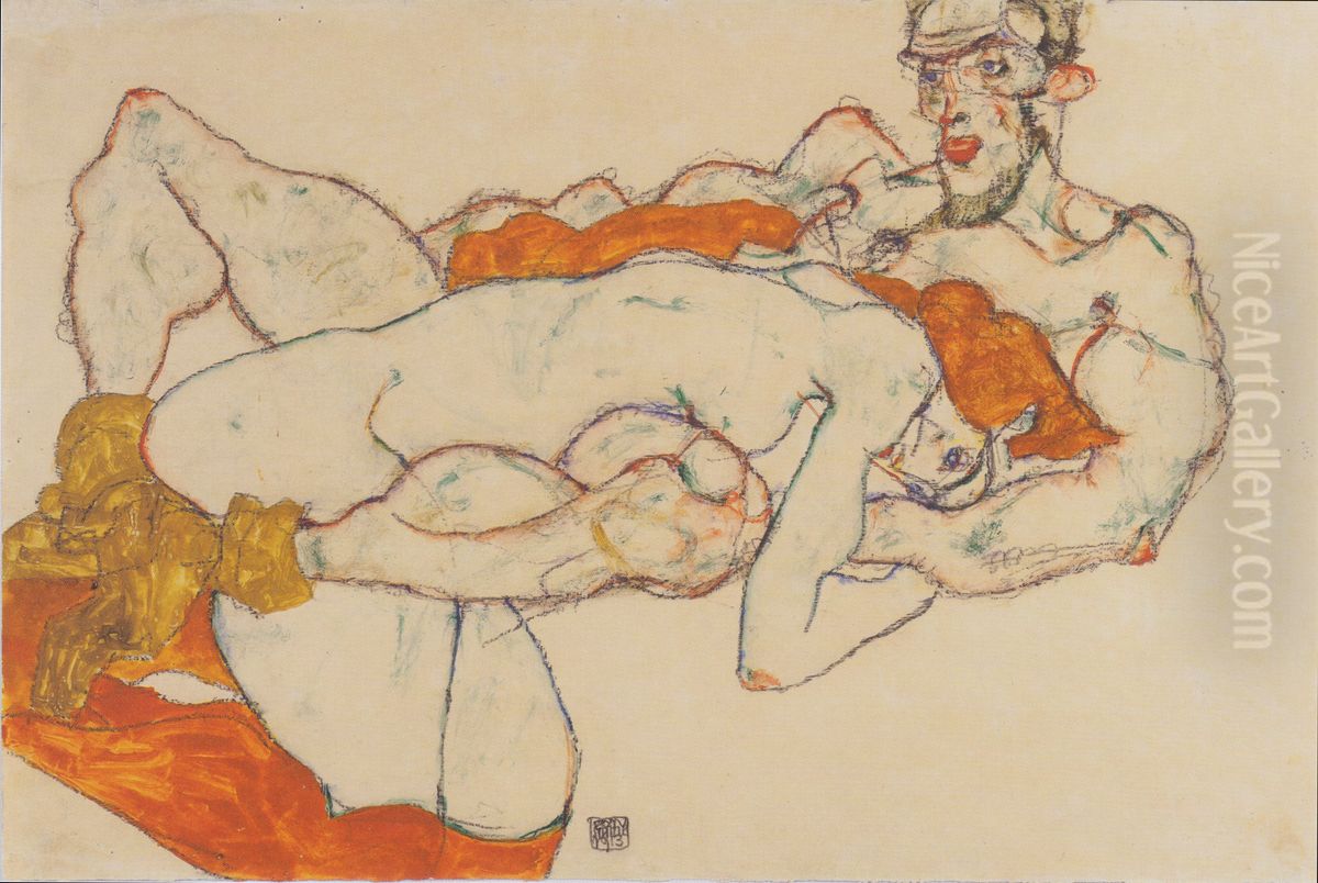 Lovers Oil Painting by Egon Schiele
