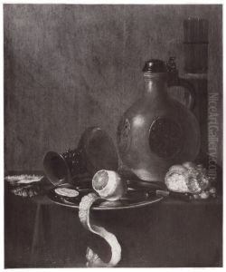 Still life with stoneware jug, passglass, lemon, knife and berkemeyer