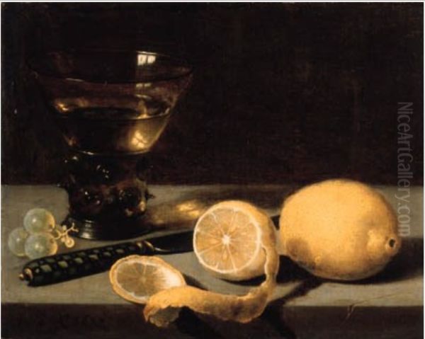 Stilleven met roemer, mes, citroenen en enkele druiven Oil Painting by Pieter Claesz