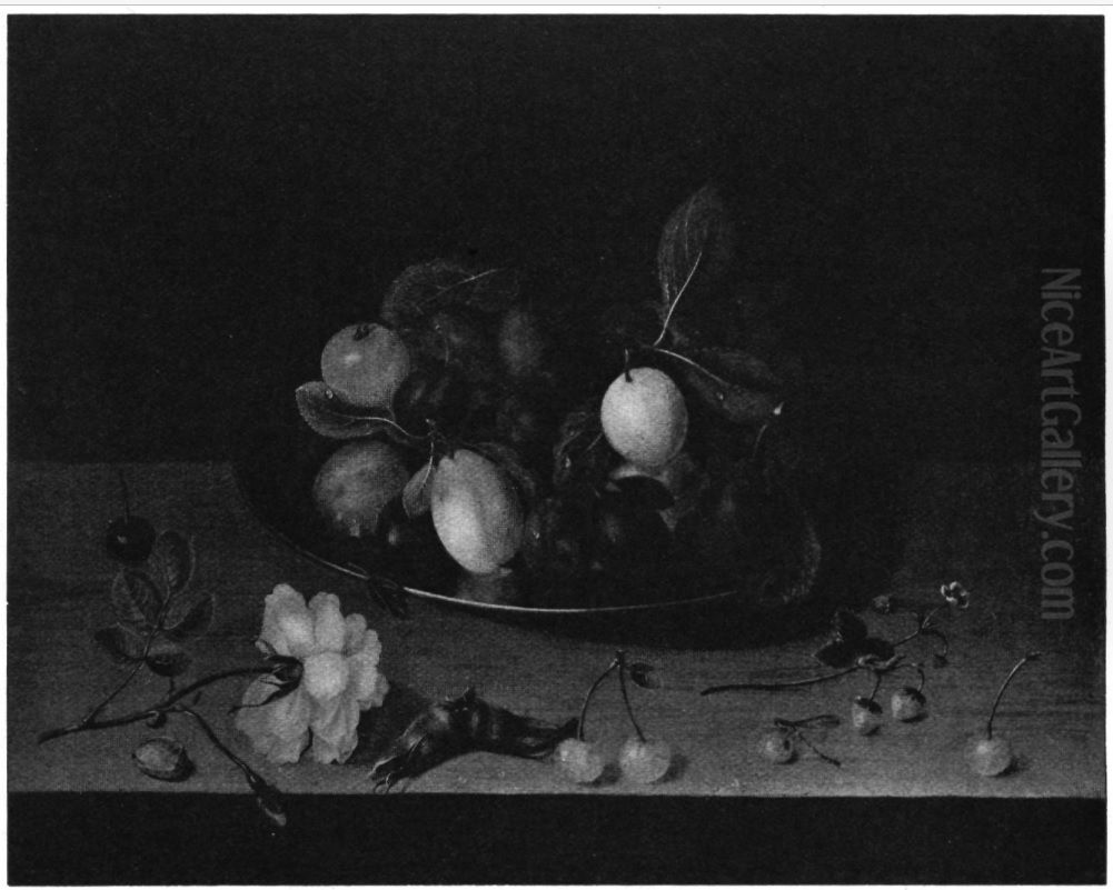 Still life of plums on a table with a rose Oil Painting by Jacob van Hulsdonck