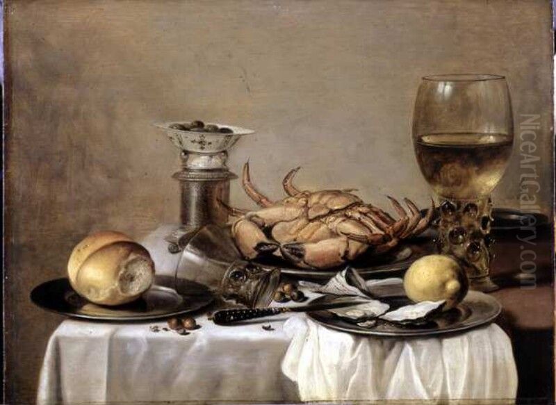Banketje - Stillleben mit Seekrabbe, weingefulltem Romer, chinesischem Porzellanschalchen mit Oliven auf Salzfass, Zitrone und Brotchen auf Zinntellern Oil Painting by Pieter Claesz