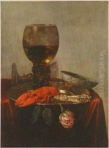 Still life with crayfish on a pewter plate, roemer, wine glass, kraak porcelain and rose