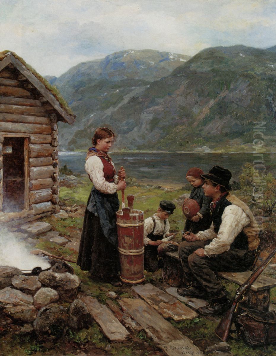 Familie i Norsk fjordlandskapet Oil Painting by Jahn Ekenaes