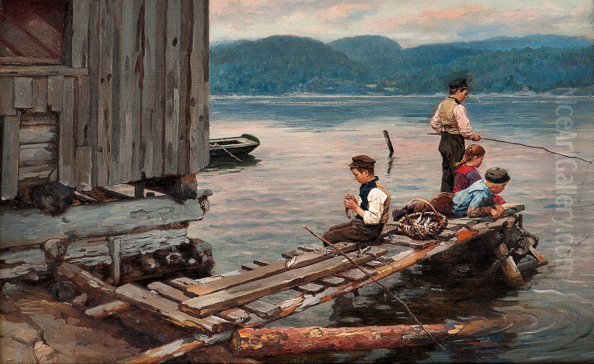 Brygge med fiskergutter Oil Painting by Jahn Ekenaes