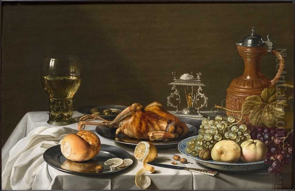 Still life with roemer, roast pheasant, salt-cellar, stoneware Jug, fruits and bread on a white cloth Oil Painting by Pieter Claesz