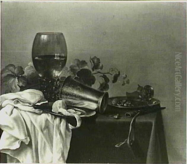 Still life with roemer, silver cup, lemon, and knife Oil Painting by Pieter Claesz