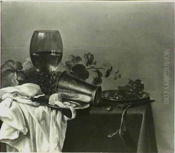 Stilleven met roemer, beker, geschilde citroen en mes op een donker kleed met wit servet Oil Painting by Pieter Claesz