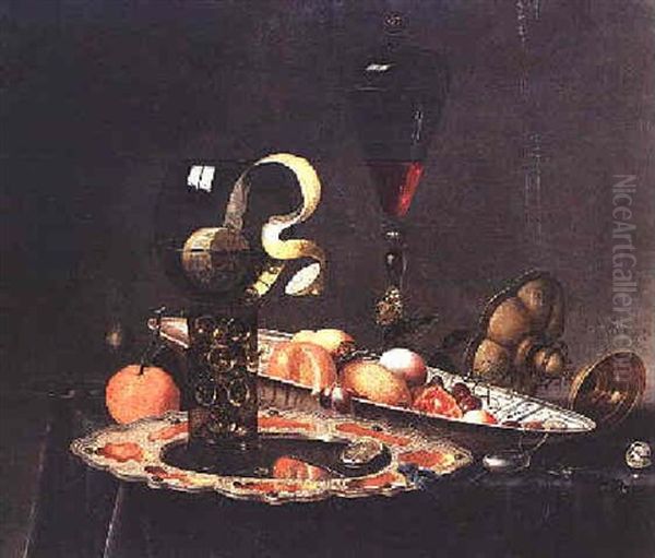 Stilleven met een citroen in een roemer, fruit op een schaal, een wijnglas en een omgevallen tazza Oil Painting by Gerard Van Berleborch