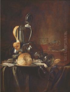 Still life with rummer, pewter jug, lemon, bread, smoking utensils, and a pocket watch, circa 1640-1670