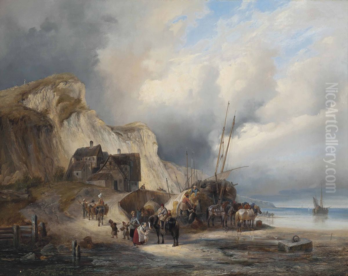 Loading hay on the Normandy coast Oil Painting by Heinrich Ambros Eckert