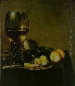 Stilleven met roemer, geschilde citroen en oesters