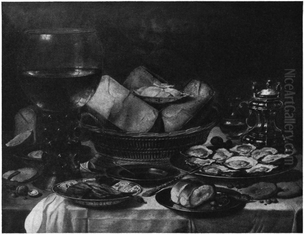 Still life with a roemer, basket of cheese and oysters Oil Painting by Pieter Claesz