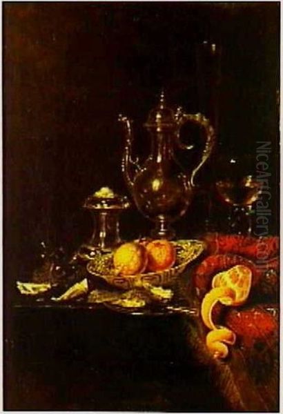Stilleven met een zilveren schenkkan, porselein, oesters, glaswerk en zoutvat op een tafel met een oosters kleed Oil Painting by Willem Claesz. Heda